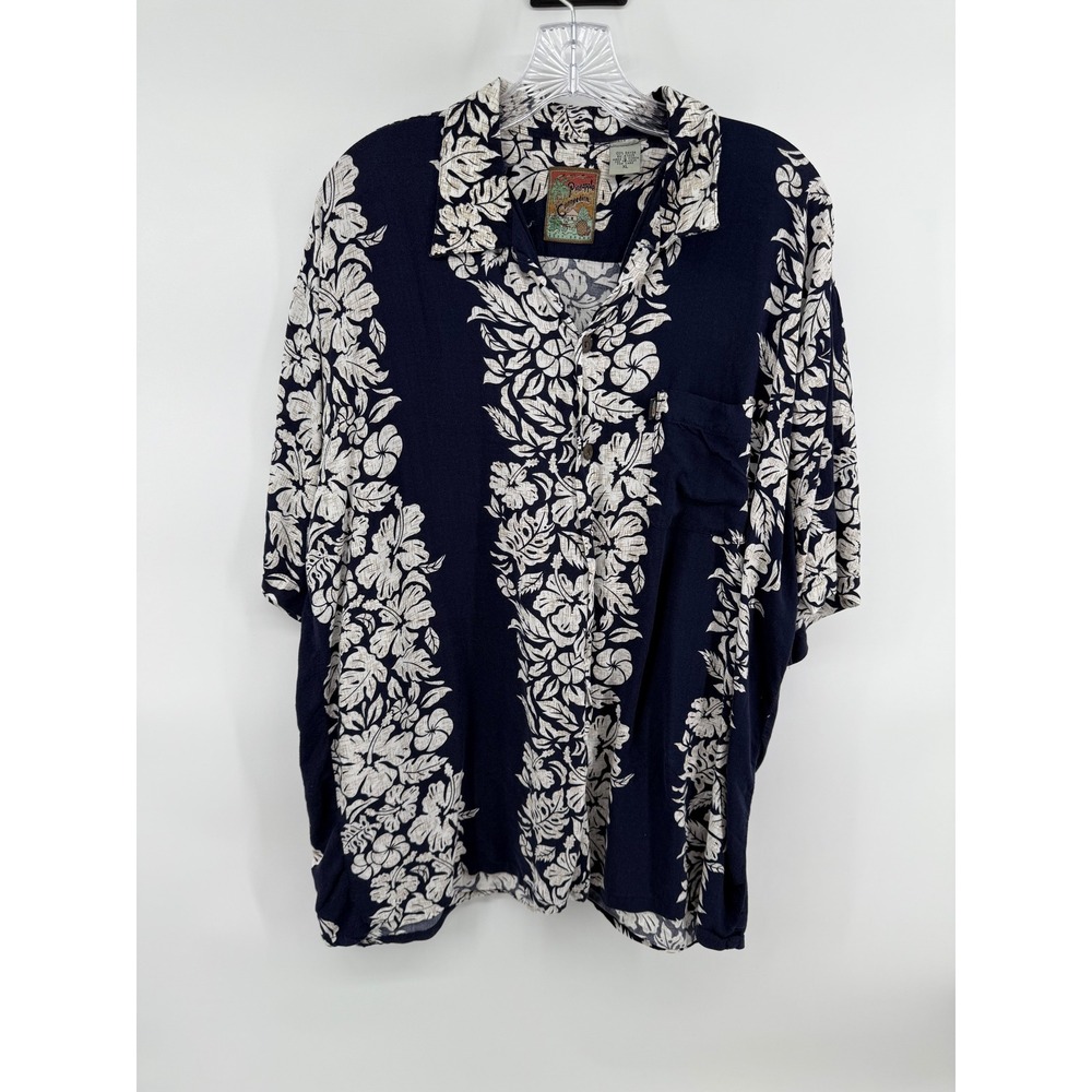 Pineapple Connection Mens XL Navy Blue Rayon Floral Hibiscus Hawaiian Camp Shirt